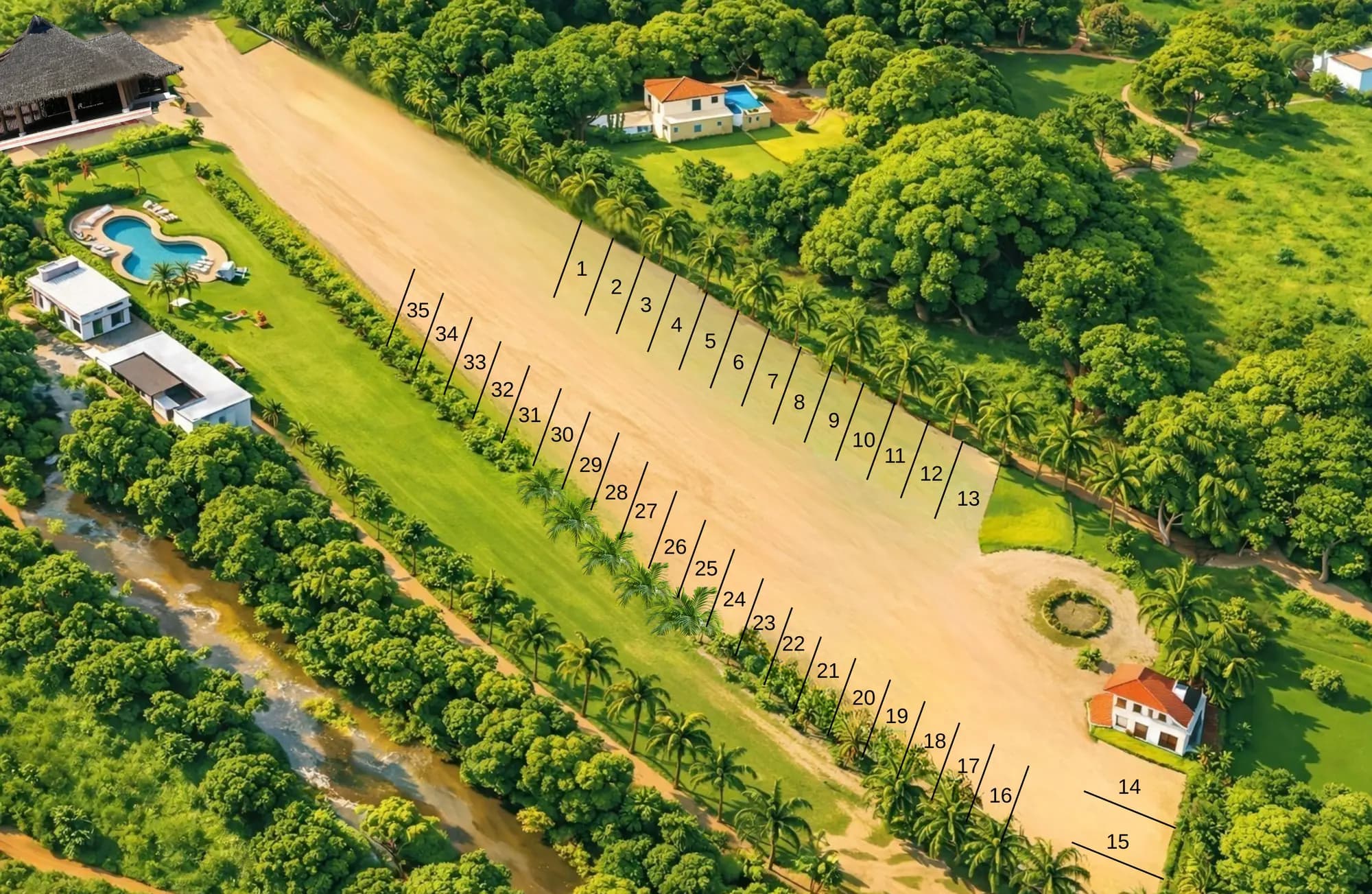 Plan du parc montrant les 35 emplacements